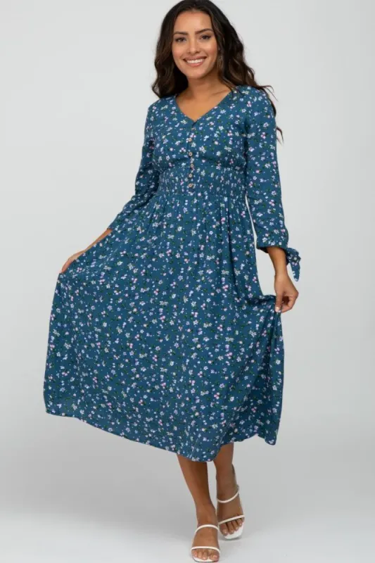 Dark Teal Floral Button Front Midi Dress sold by Pinkblush