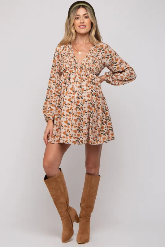 Cream Floral Smocked Deep V-Neck Maternity Dress sold by Pinkblush