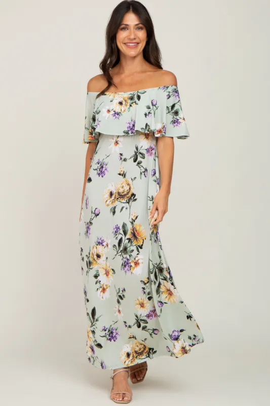 Sage Floral Off Shoulder Maxi Dress sold by Pinkblush