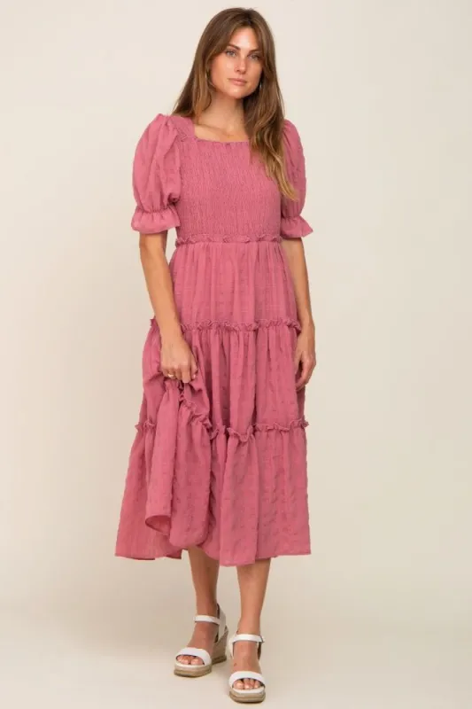 Mauve Smocked Puff Sleeve Tiered Midi Dress sold by Pinkblush