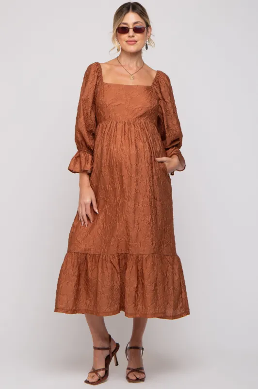 Rust Metallic Jacquard Floral Maternity Midi Dress sold by Pinkblush