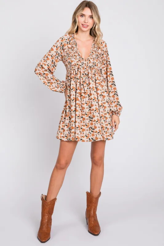 Cream Floral Smocked Deep V-Neck Dress sold by Pinkblush