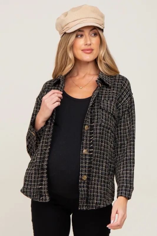 Black Tweed Front Pocket Maternity Shacket sold by Pinkblush