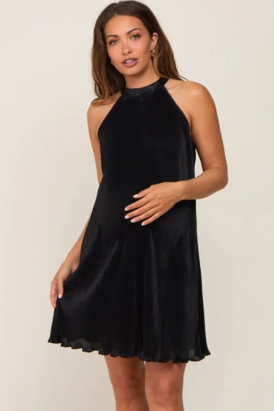 Black Pleated Plisse Halter Maternity Dress sold by Pinkblush
