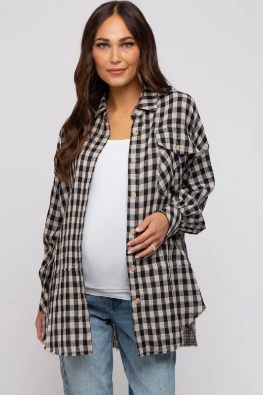 Black Mixed Plaid Fringe Maternity Button Down Top sold by Pinkblush