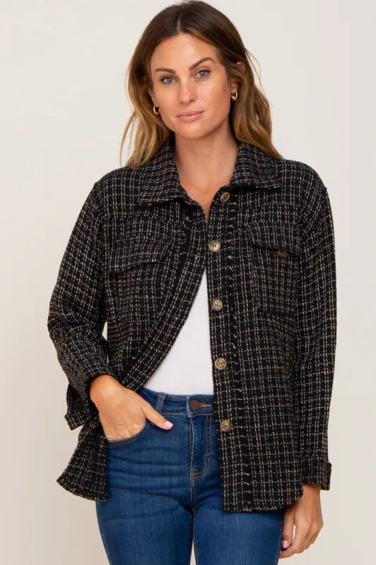 Black Tweed Front Pocket Shacket sold by Pinkblush