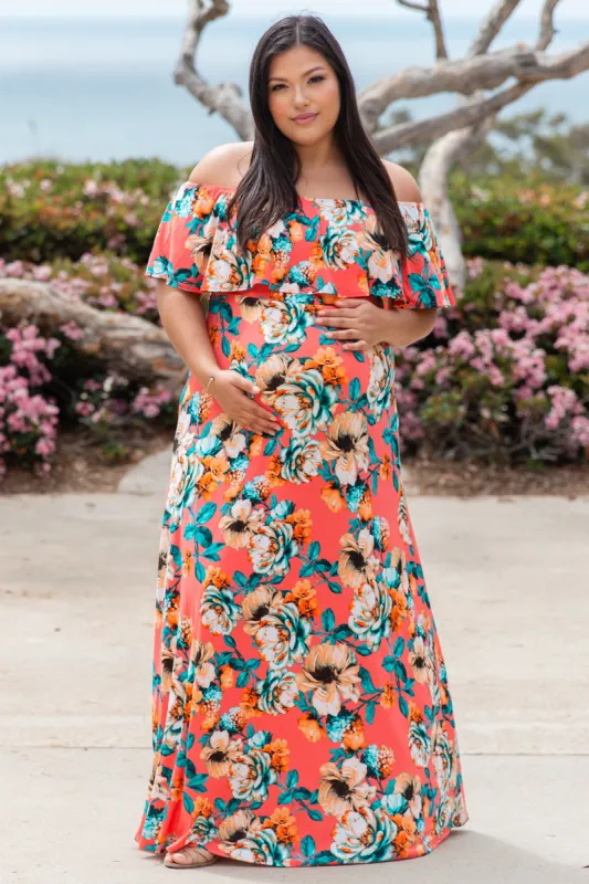 PinkBlush Coral Floral Off Shoulder Plus Maternity Maxi Dress sold by Pinkblush