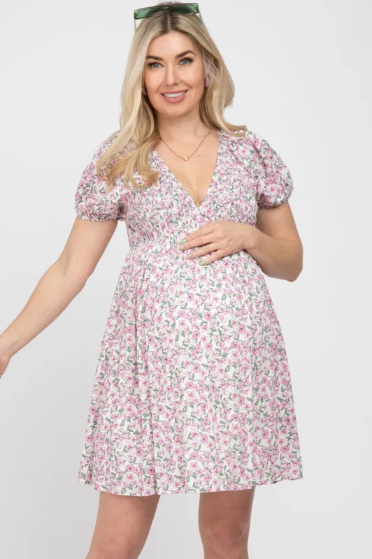 Pink Floral Smocked V-Neck Maternity Dress sold by Pinkblush