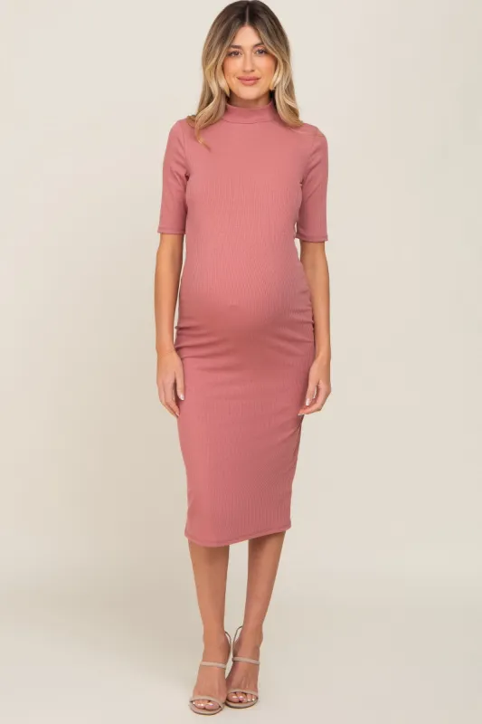 Mauve Ribbed Mock Neck Maternity Midi Dress sold by Pinkblush