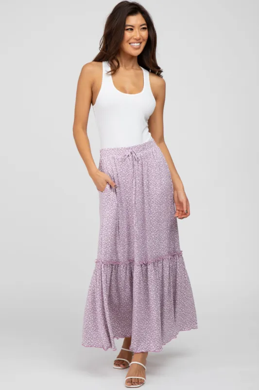 Lavender Floral Ruffle Accent Maxi Skirt sold by Pinkblush