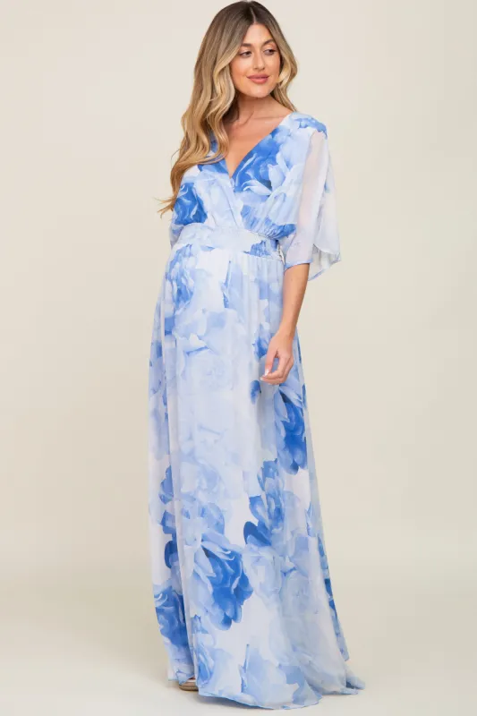 Blue Rose Floral Chiffon Double V-Neck Smocked Waist Front Slit Maternity Maxi sold by Pinkblush