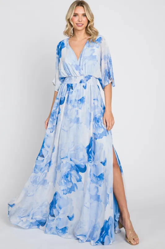 Blue Rose Floral Chiffon Double V-Neck Smocked Waist Front Slit Maxi sold by Pinkblush