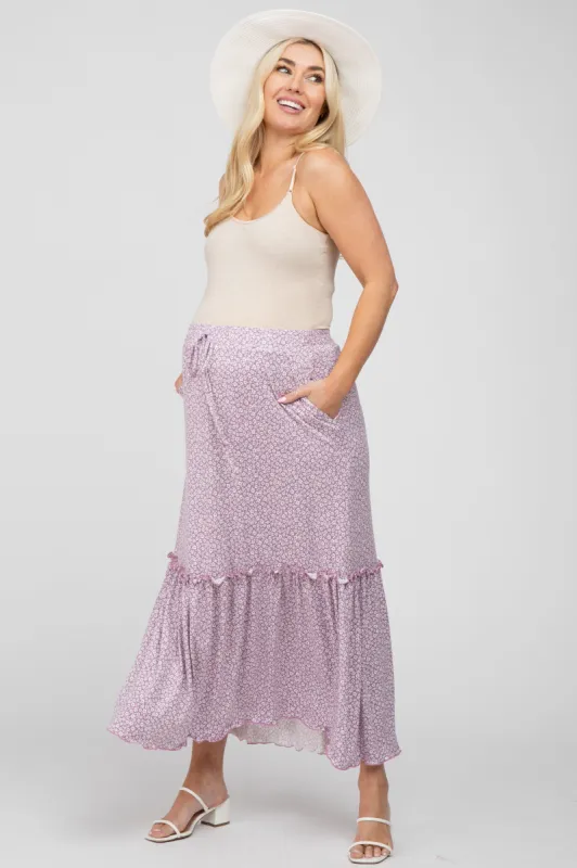Lavender Floral Ruffle Accent Maternity Maxi Skirt sold by Pinkblush