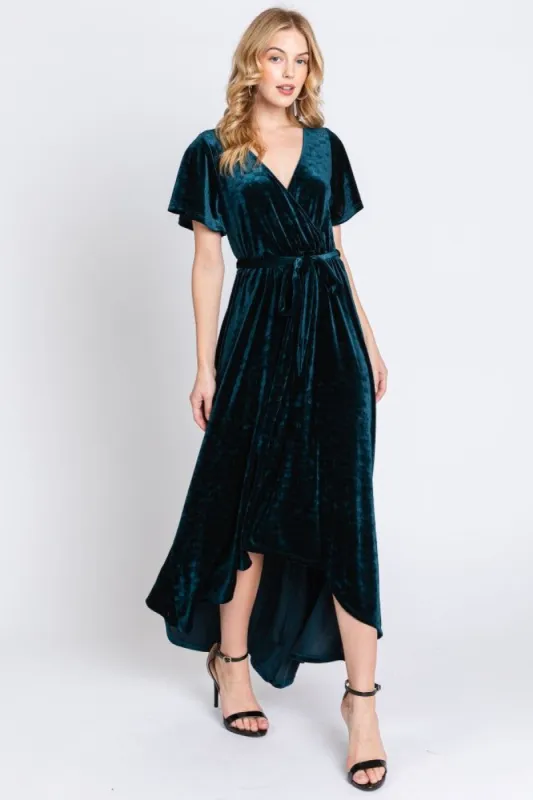 Dark Teal Velvet Wrap Front V-Neck Hi-Low Midi Dress sold by Pinkblush