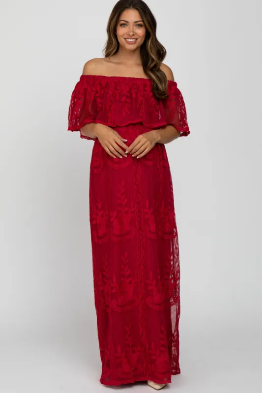 Burgundy  Lace Overlay Off Shoulder Flounce Maternity Maxi Dress sold by Pinkblush