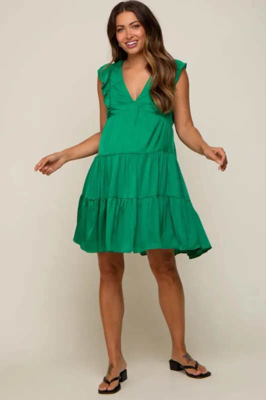 Green Satin Ruffle V-Neck Tiered Maternity Dress sold by Pinkblush