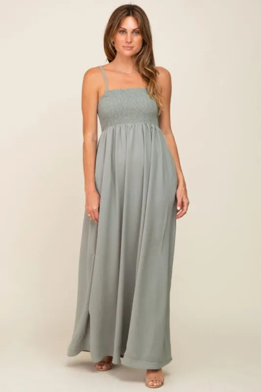 Light Olive Smocked Sleeveless Maxi Dress sold by Pinkblush