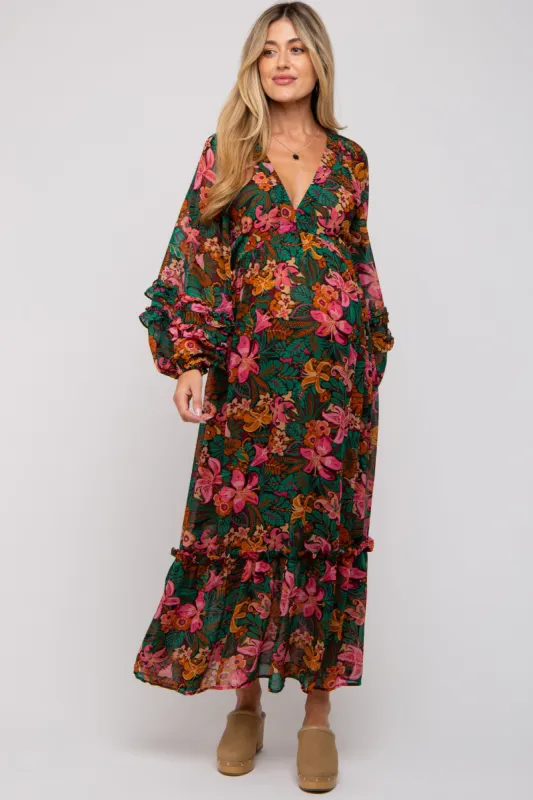 Camel Floral Ruffle Accent Deep V-Neck Maternity Maxi Dress sold by Pinkblush