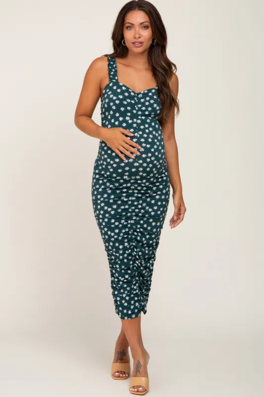 Forest Green Floral Ruched Maternity Midi Dress sold by Pinkblush