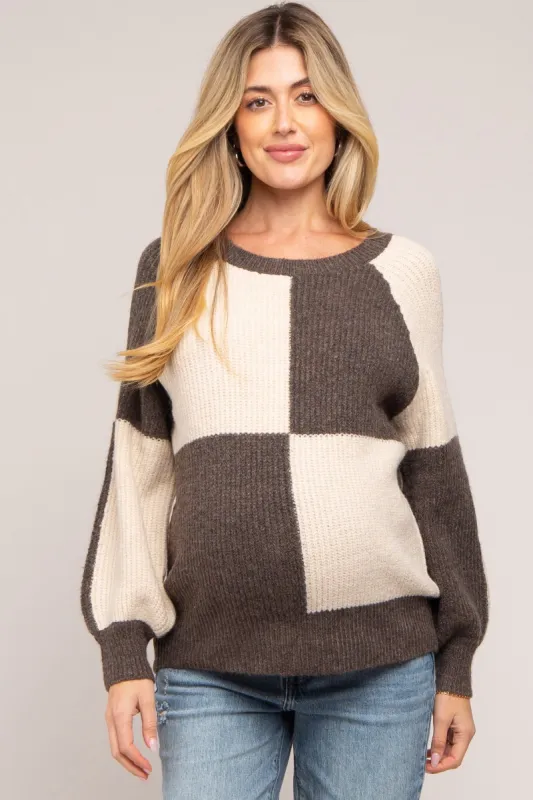 Brown Checkered Long Sleeve Maternity Sweater sold by Pinkblush
