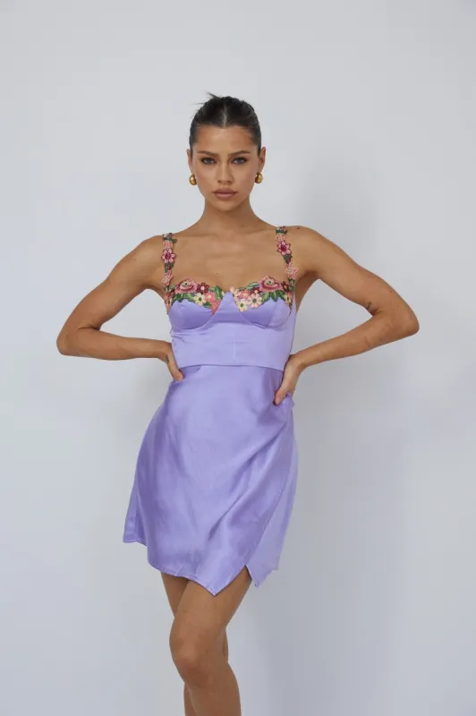 Lavender Asymmetrical Hemline Floral Strap Mini Dress sold by Pinkblush