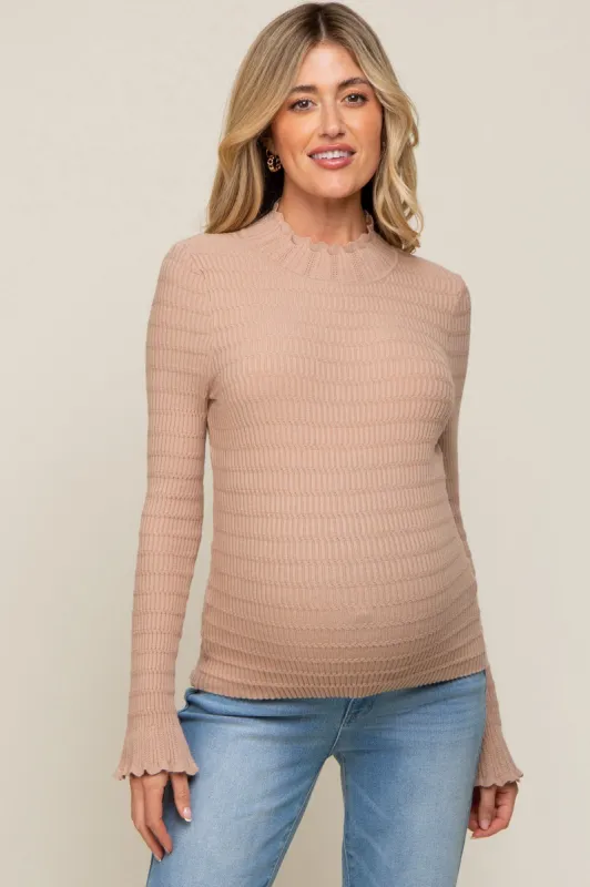 Taupe Textured Knit Ruffle Mock Neck Maternity Top sold by Pinkblush
