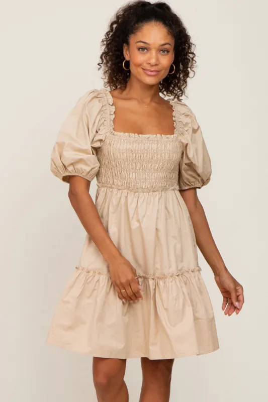 Beige Smocked Ruffle Accent Puff Sleeve Dress sold by Pinkblush
