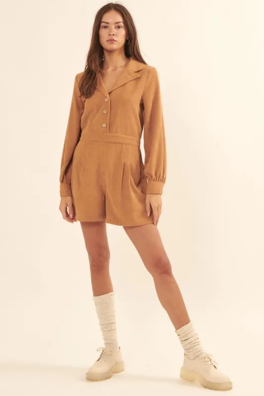 Taupe Lapel Half Button Front Wide Leg Corduroy Romper sold by Pinkblush