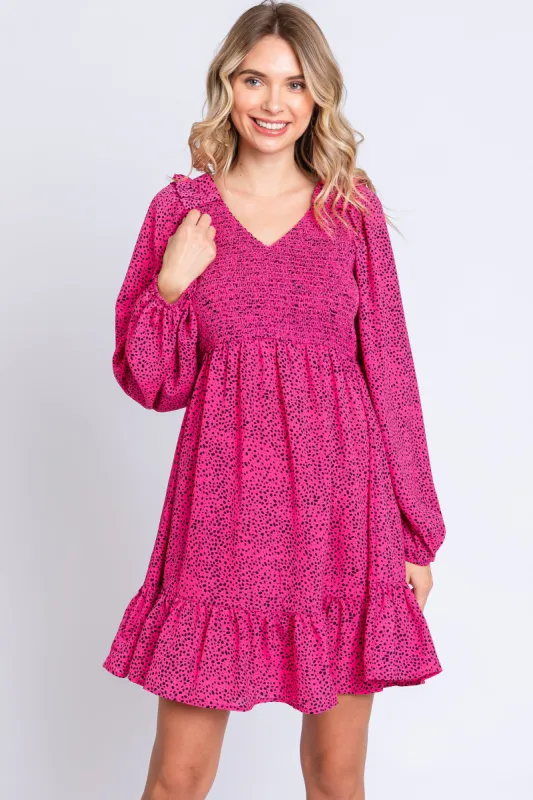 Fuchsia Dot Print Long Sleeve Ruffle Dress sold by Pinkblush