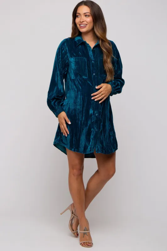 Teal Velour Button Up Maternity Dress sold by Pinkblush