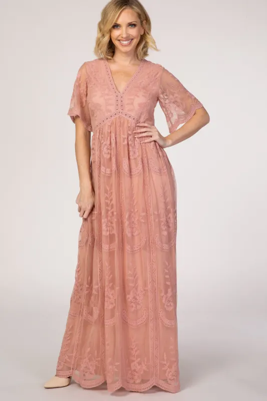 PinkBlush Light Pink Lace Mesh Overlay Maxi Dress sold by Pinkblush