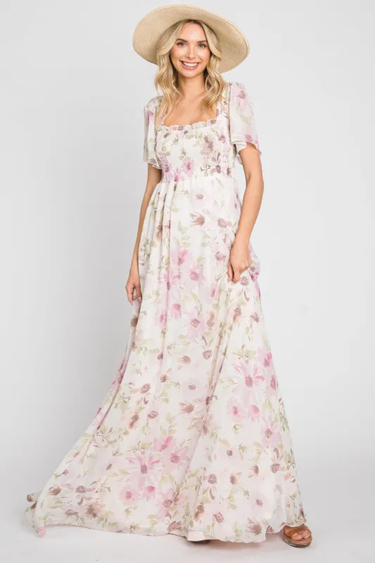 Pink Floral Chiffon Smocked Short Sleeve Maxi Dress sold by Pinkblush