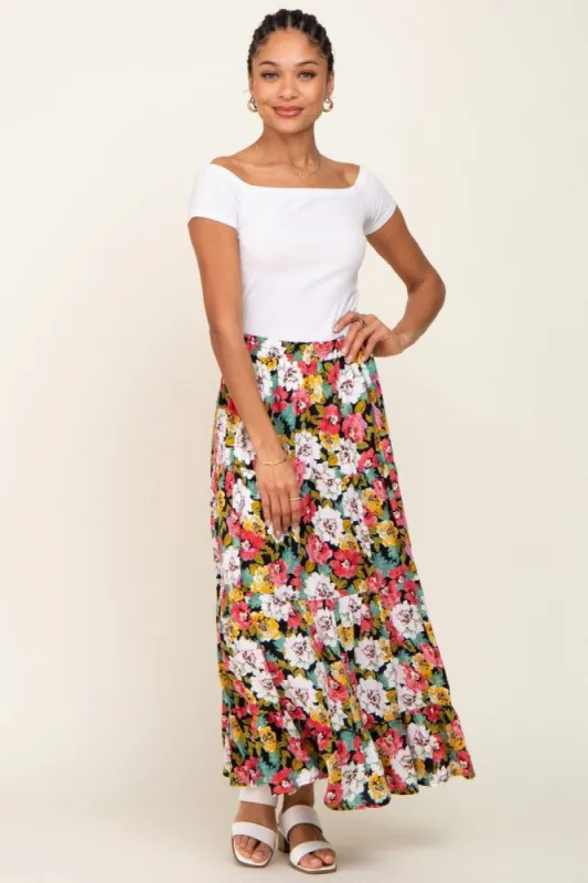 Black Floral Tiered Maxi Skirt sold by Pinkblush