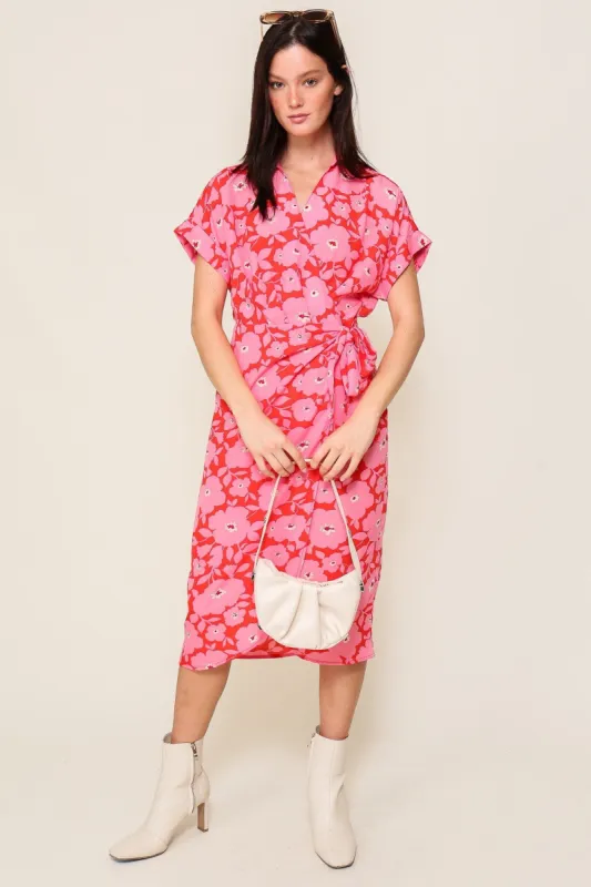 Orange Fuchsia Surplice Floral Print Wrap Midi Dress sold by Pinkblush