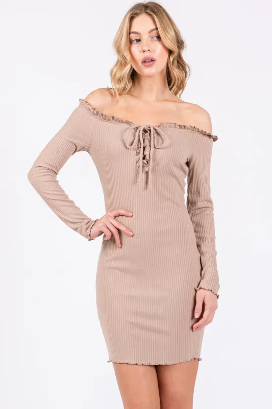 Taupe Ruffle Off Shoulder Fitted Mini Dress sold by Pinkblush