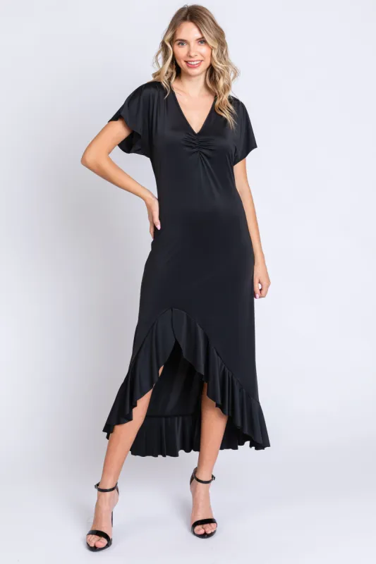 Black V-Neck Ruffle Hi-Low Midi Dress sold by Pinkblush