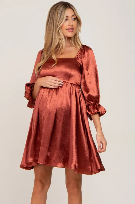 Rust Satin Square Neck Babydoll Maternity Mini Dress sold by Pinkblush