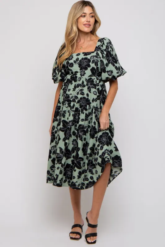 Mint Green Floral Puff Sleeve Tiered Maternity Dress sold by Pinkblush