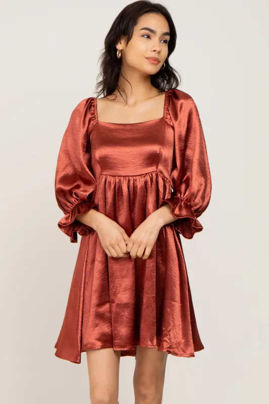 Rust Satin Square Neck Babydoll Mini Dress sold by Pinkblush