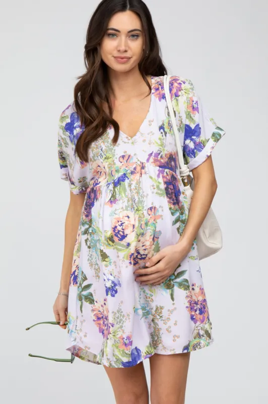 Lavender Floral V-Neck Maternity Dress sold by Pinkblush