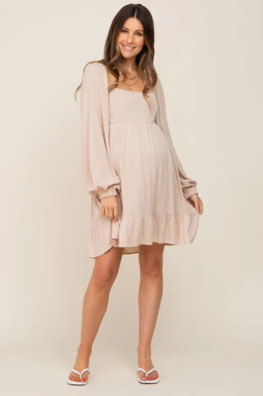 Beige Square Neck Puff Long Sleeve Maternity Dress sold by Pinkblush