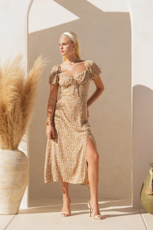 Taupe Printed Short Sleeve Open Back Midi Dress made by Endless Blu