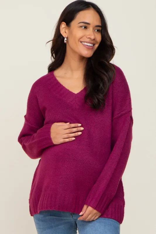 Magenta V-Neck Brushed Knit Maternity Sweater sold by Pinkblush