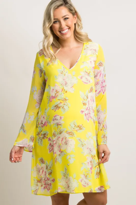 PinkBlush Yellow Floral Printed V-Neck Chiffon Maternity Dress sold by Pinkblush