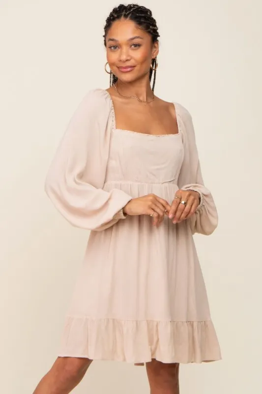 Beige Square Neck Puff Long Sleeve Dress sold by Pinkblush