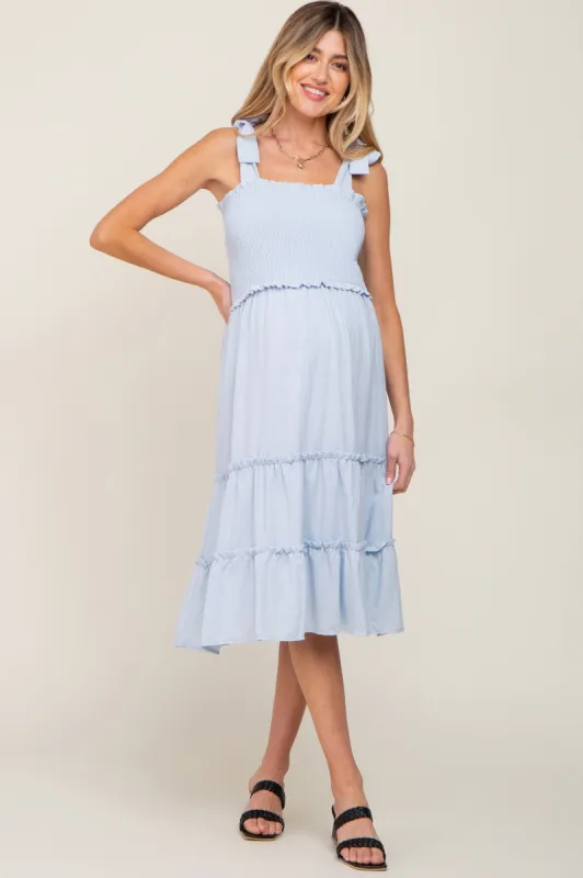 Blue Square Print Smocked Tie Strap Maternity Midi Dress sold by Pinkblush