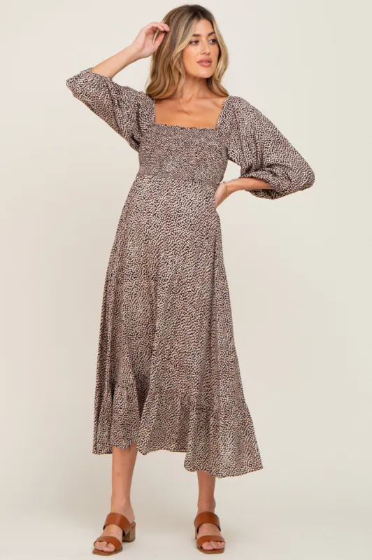 Black Ditsy Floral Smocked 3/4 Sleeve Maternity Midi Dress sold by Pinkblush