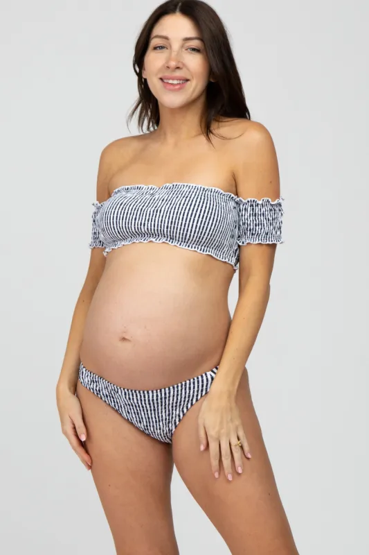 Navy Striped Off Shoulder Bikini Maternity Swim Set sold by Pinkblush