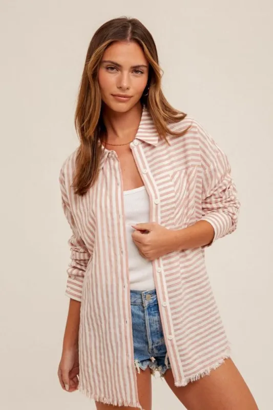 Mauve Loose Fit Striped Button Down Shirt sold by Pinkblush