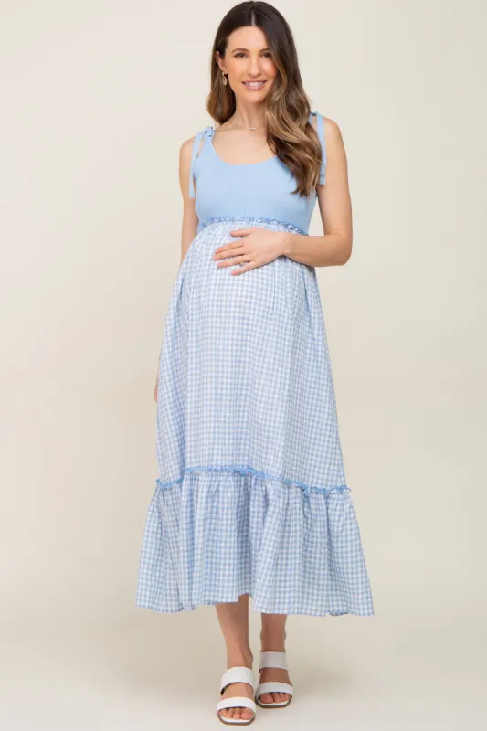 Light Blue Gingham Colorblock Maternity Dress sold by Pinkblush